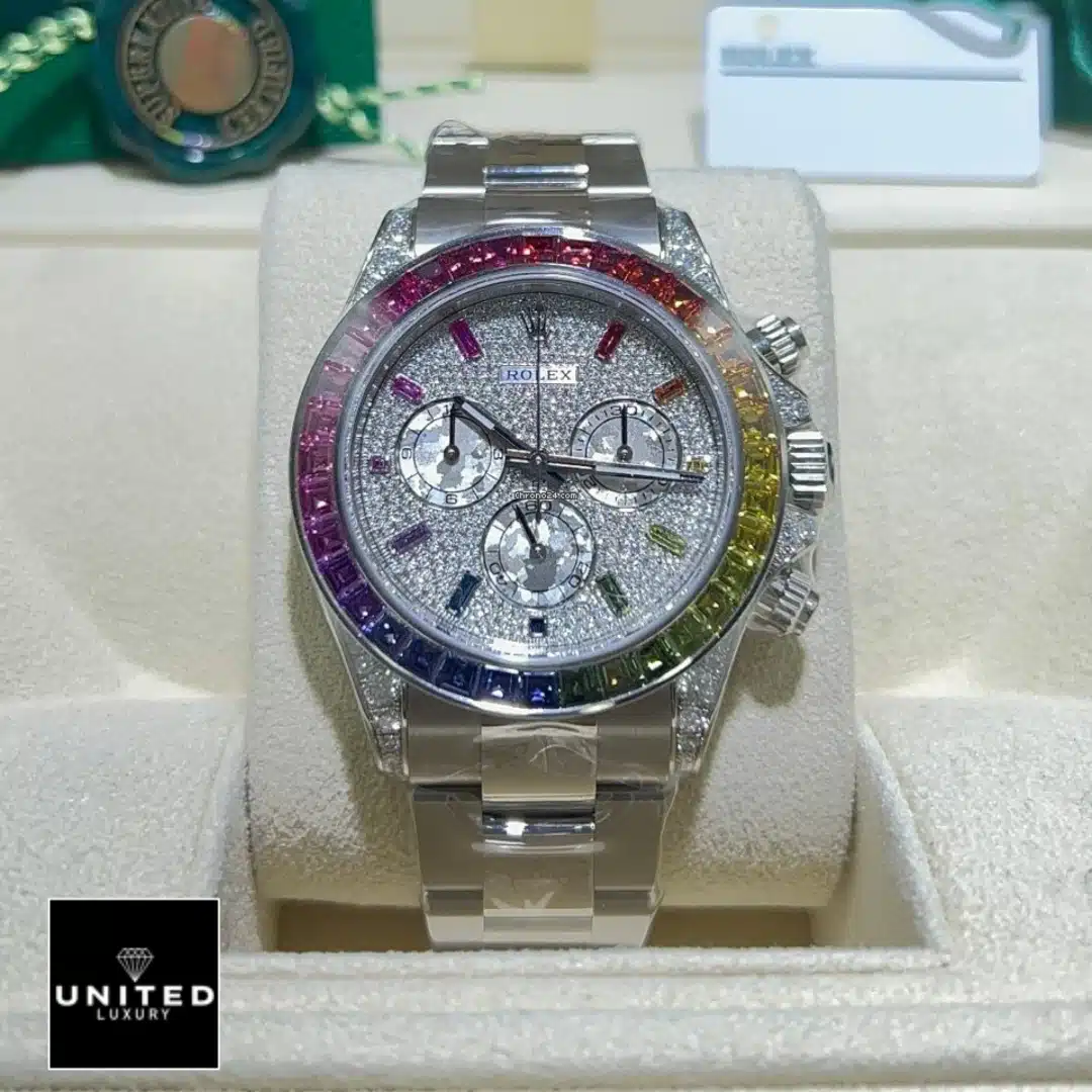 Rolex Daytona "Rainbow" 116520-0016 Superior Replica Yeni Proje 3 3 Rolex Daytona 116520-0016 Rainbow Gem-Set Bezel Replica in the Rolex Box