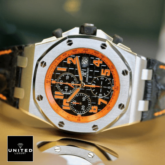 Audemars Piguet Royal Oak Offshore 26170ST.OO.D101CR.01 "Volcano" Perfect Duplicate 1:1 audemars piguet royal oak offshore 26170ST.OO .D101CR.01 replica arabicnumerals Audemars Piguet Orange Black Dial Replica side view