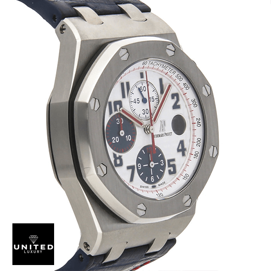 Audemars Piguet Royal Oak Offshore 26208ST.OO.D305CR.01 "Tour Auto" Perfect Clone Edition audemarspiguet royaloakoffshore 26208ST.OO .D305CR.01 replica leftside Ap Royal Oak 26208ST.OO_.D305CR.01 White Dial Replica left side view white background