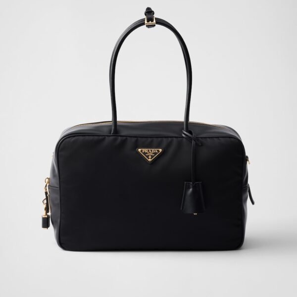 Large Re-Nylon and Leather Top-Handle Bag With Padlock