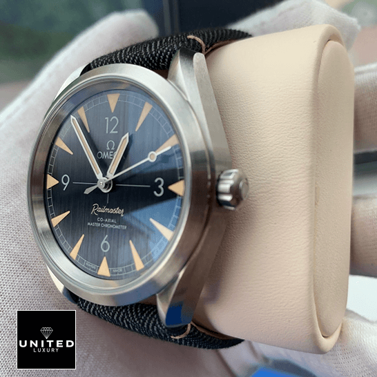 Omega Railmaster Black Dial Steel Case Replica on the stand