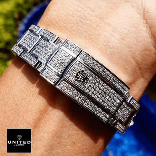 Rolex Datejust 126300 "Iced Out Blue Dial" Premium Clone Edition rolex datejust 126300 replica clasp Rolex Datejust 126300 Diamond Custom Bracelet Fold Clasp on the Rolex logo Replica