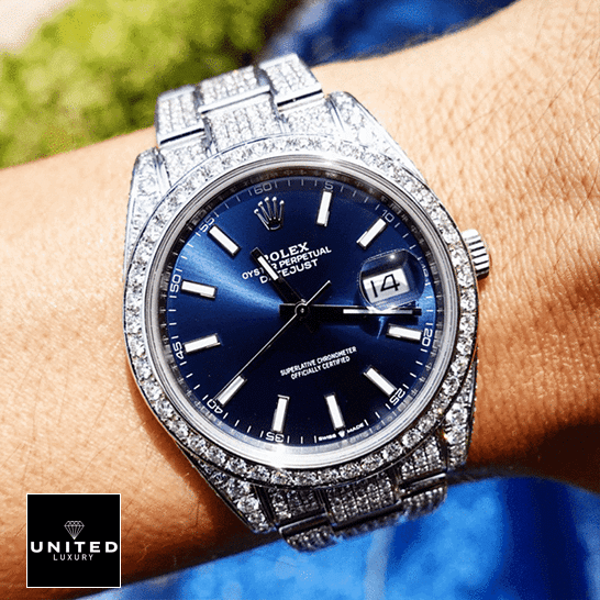 Rolex Datejust 126300 "Iced Out Blue Dial" Premium Clone Edition rolex datejust 126300 replica hand Rolex Datejust 126300 Blue Dial with white Stick Iced Out Replica on his arm