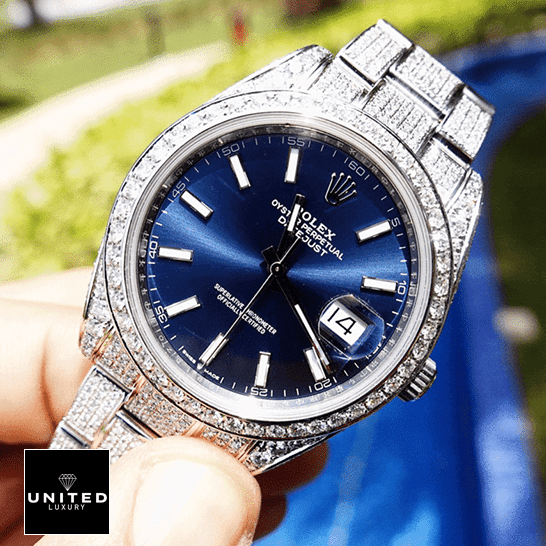 Rolex Datejust 126300 "Iced Out Blue Dial" Premium Clone Edition rolex datejust 126300 replica tiltedright Rolex Datejust 126300 Blue Dial & Gem-Set Bezel Iced Out Replica