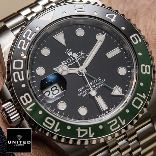 Rolex Gmt-Master II Sprite Replica close analog view and above the wrist
