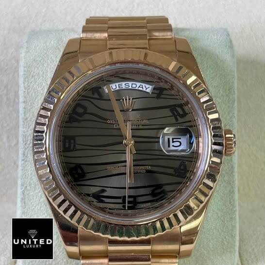 Rolex Day-Date 218235-0035 "Wave" Perfect Clone Quality rolex wave dial 218235 replica5 Rolex Wave chocolate brown dial has Roman numerals 218235-0035 Replica