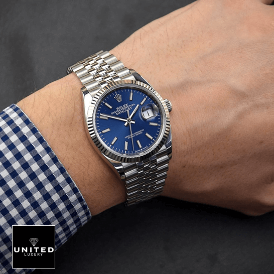 Rolex Datejust 126234 "Steel Jubilee Fluted" Supreme Replica Edition Rolex Datejust Stainless Steel Jubilee Blue Dial Replica on the man wrist