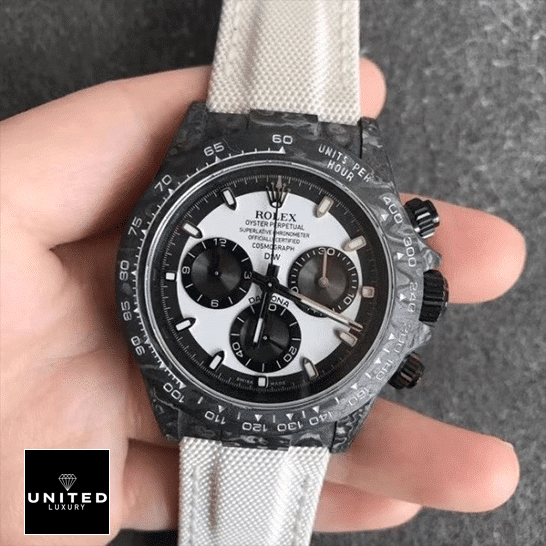 Rolex Daytona Carbon Cream Textile Bracelet Black Bezel Replica on his hands